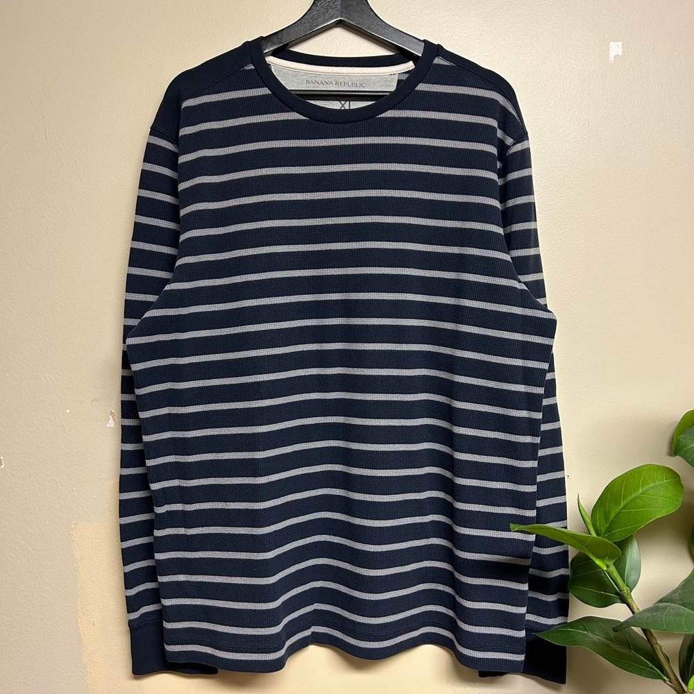 Banana Republic Mens XL Waffle Knit Thermal Shirt Navy Grey Striped Y2K Retro